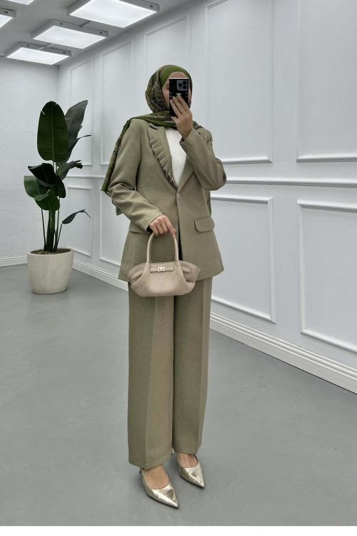 Sare Fashion Collar Detailed Lined Jacket Set Green Sare Fashion Collar Detailed Lined Jacket Set Green