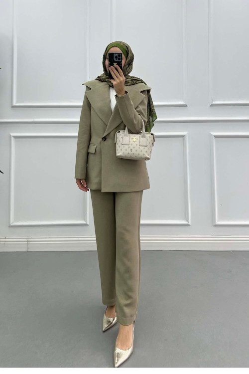 Sare Fashion Collar Detailed Lined Jacket Set Green Sare Fashion Collar Detailed Lined Jacket Set Green