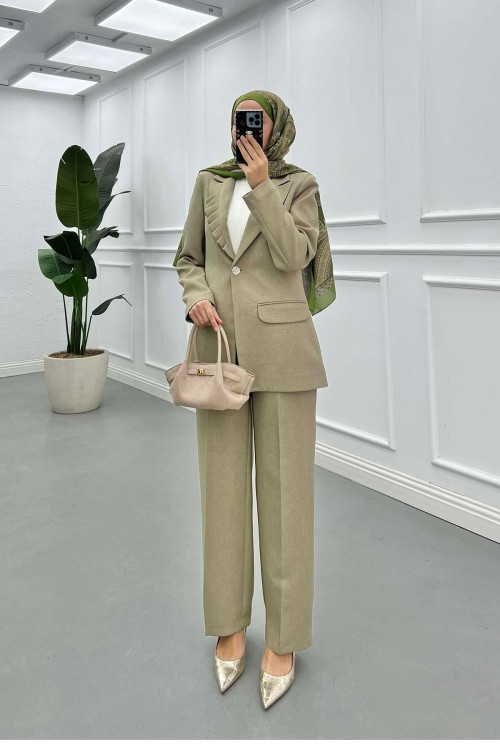 Sare Fashion Collar Detailed Lined Jacket Set Green Sare Fashion Collar Detailed Lined Jacket Set Green