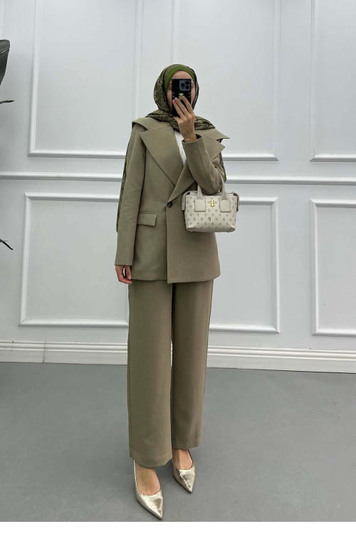 Sare Fashion Collar Detailed Lined Jacket Set Green Sare Fashion Collar Detailed Lined Jacket Set Green