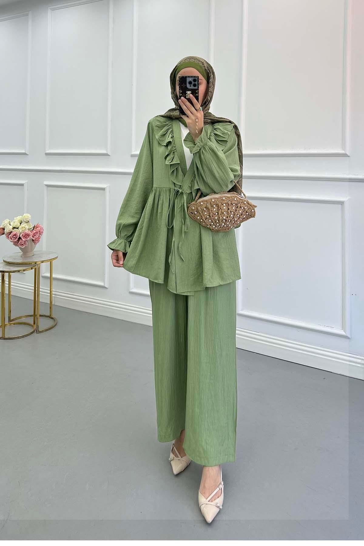 Sare Fashion Green Tied Collar Detailed Trouser Set