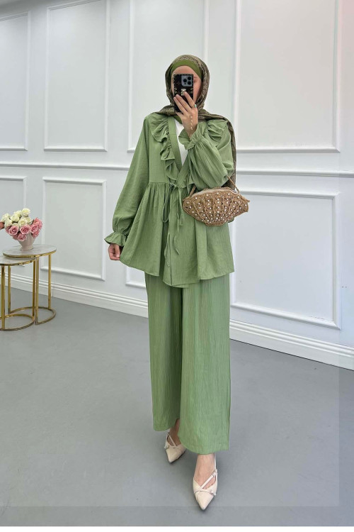 Sare Fashion Green Tied Collar Detailed Trouser Set