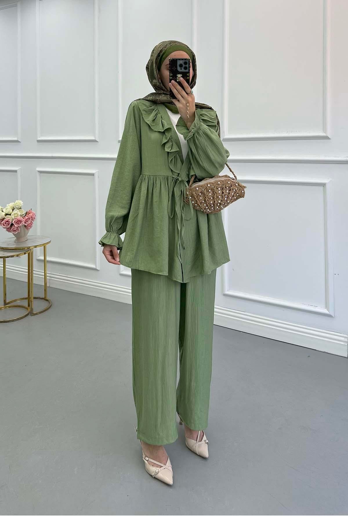 Sare Fashion Green Tied Collar Detailed Trouser Set