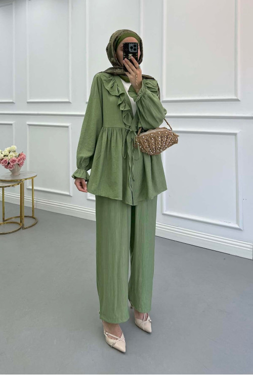Sare Fashion Green Tied Collar Detailed Trouser Set