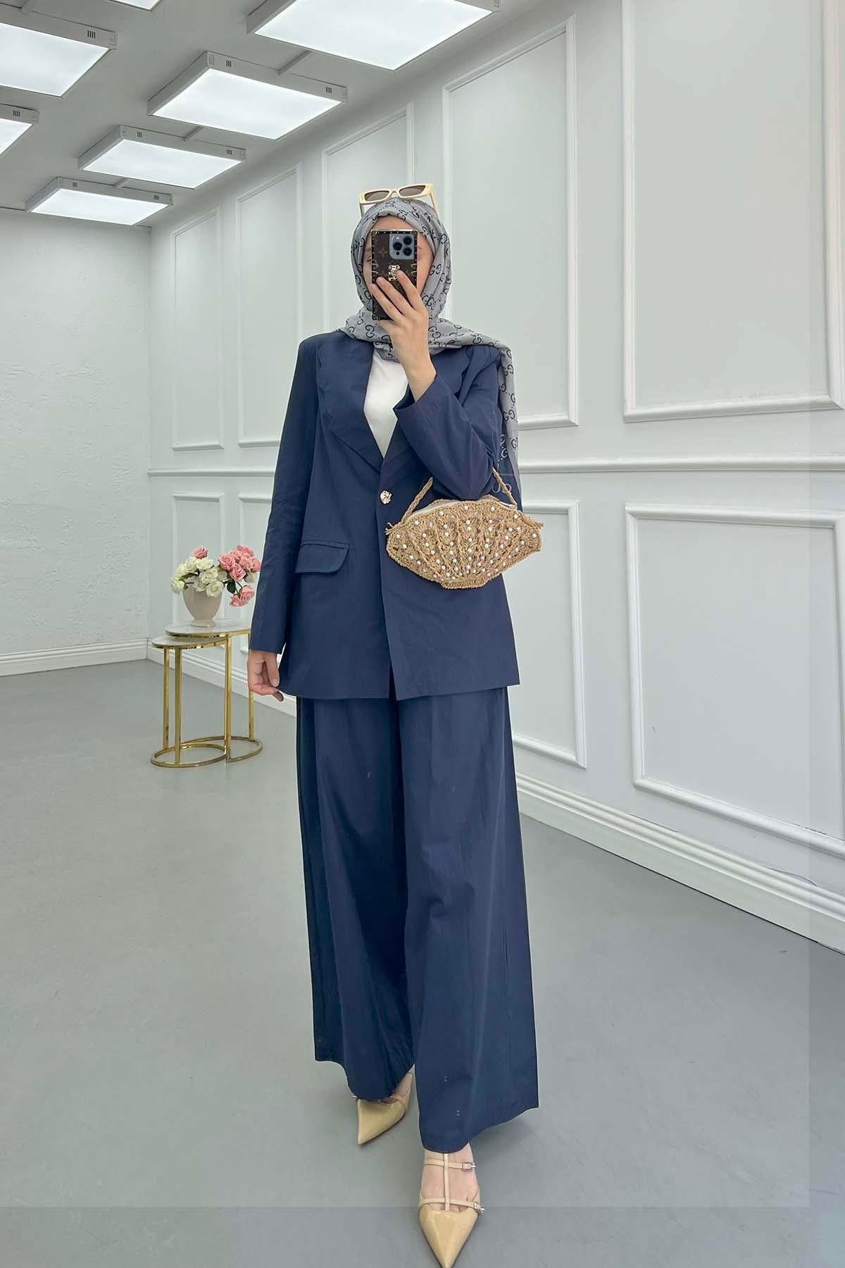 Sare Fashion Collar Detailed Jacket Set Navy Blue