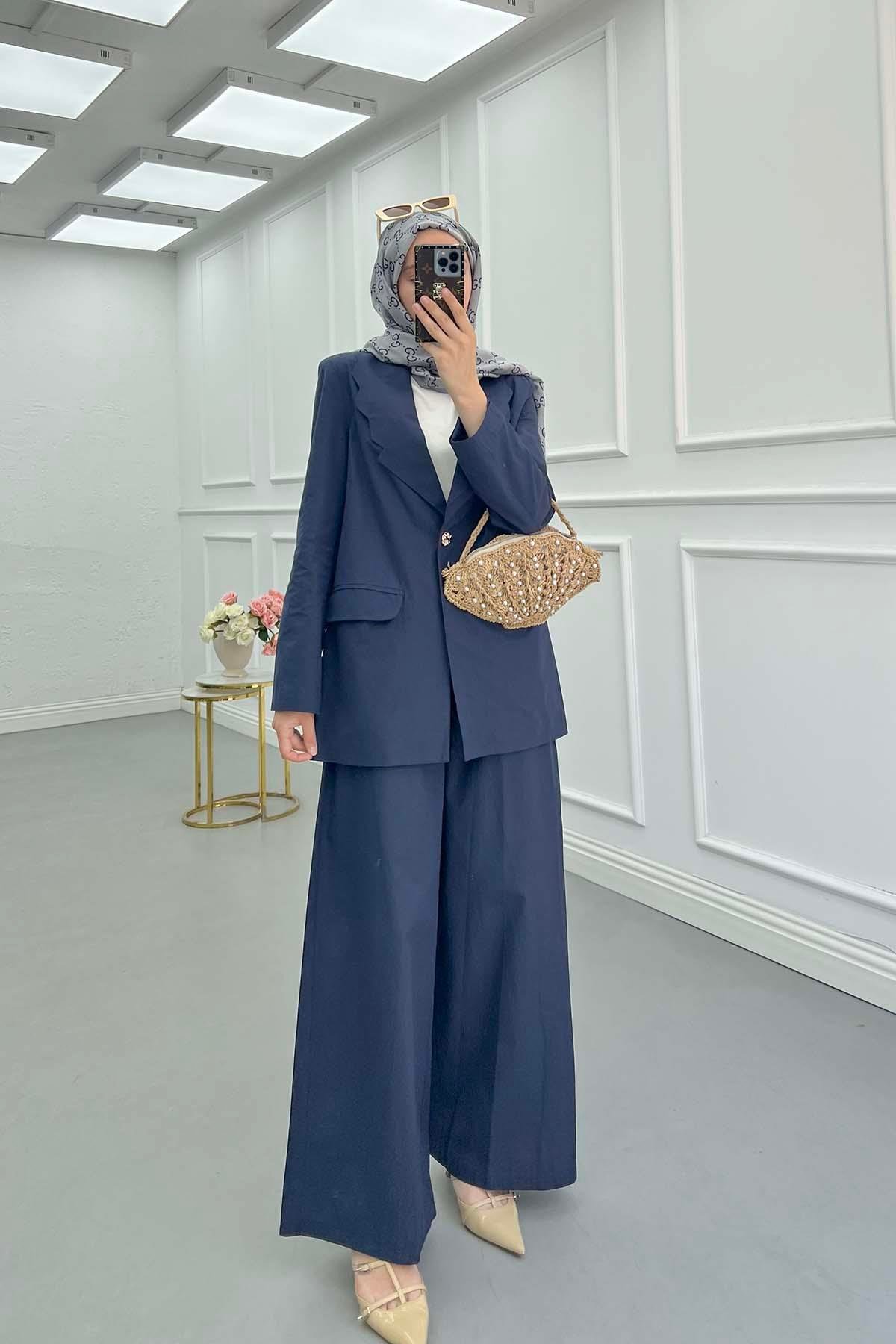 Sare Fashion Collar Detailed Jacket Set Navy Blue