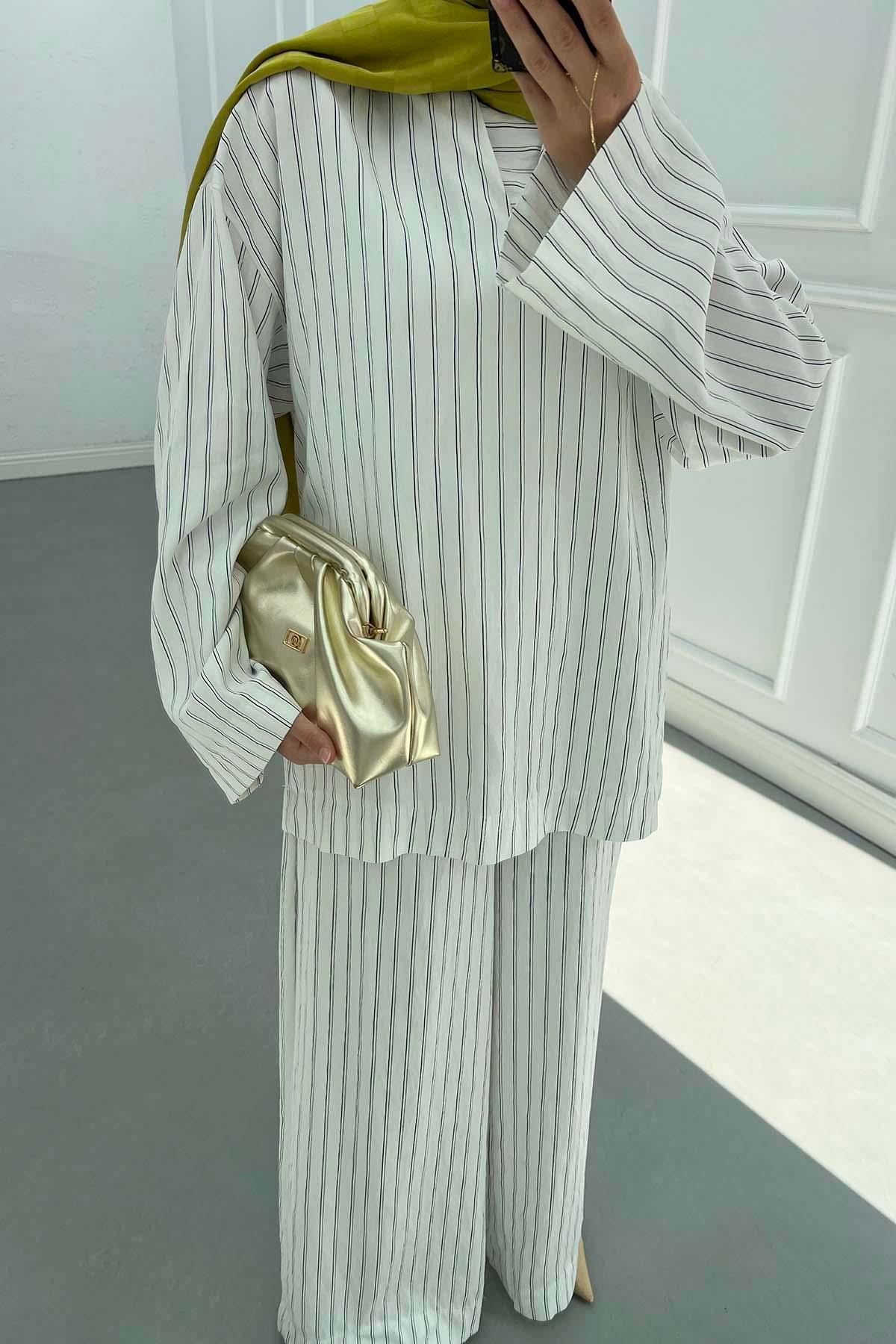Sare Fashion Striped Suit with Collar Detail White