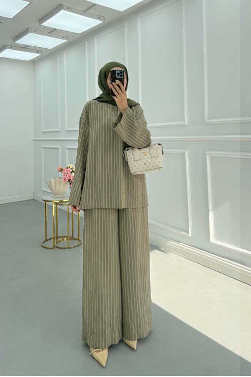 Sare Fashion Striped Suit with Collar Detail Khaki