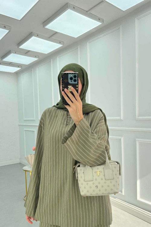 Sare Fashion Striped Suit with Collar Detail Khaki