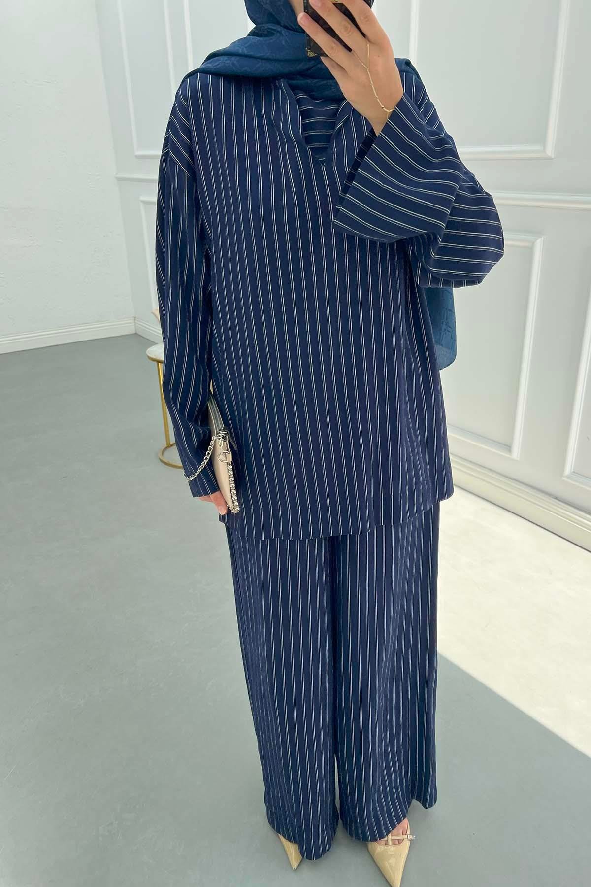 Sare Fashion Striped Suit with Collar Detail - Navy Blue Sare Fashion Striped Suit with Collar Detail - Navy Blue