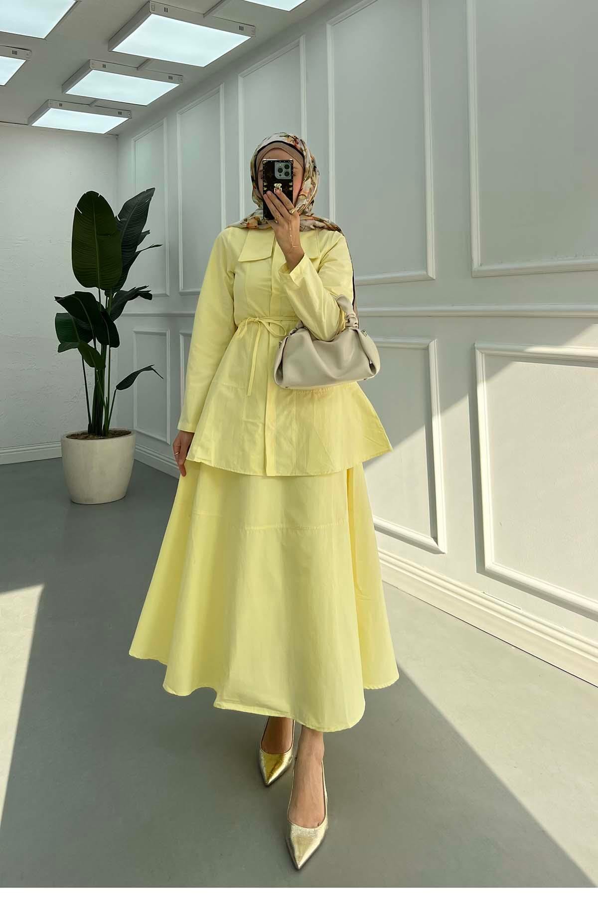 Sare Fashion Collar Detailed Skirt Suit Yellow