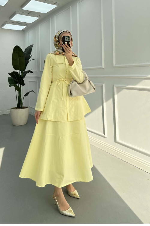 Sare Fashion Collar Detailed Skirt Suit Yellow Sare Fashion Collar Detailed Skirt Suit Yellow
