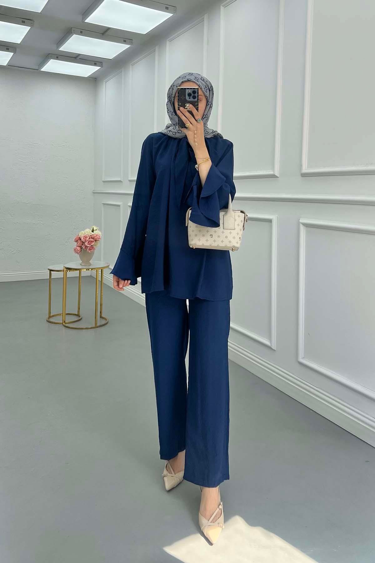 Sare Fashion Collar Detailed Two Piece Suit Navy Blue