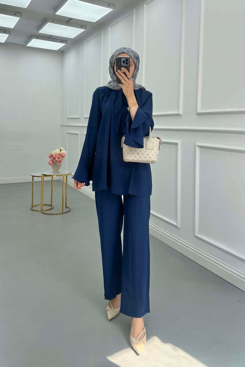 Sare Fashion Collar Detailed Two Piece Suit Navy Blue