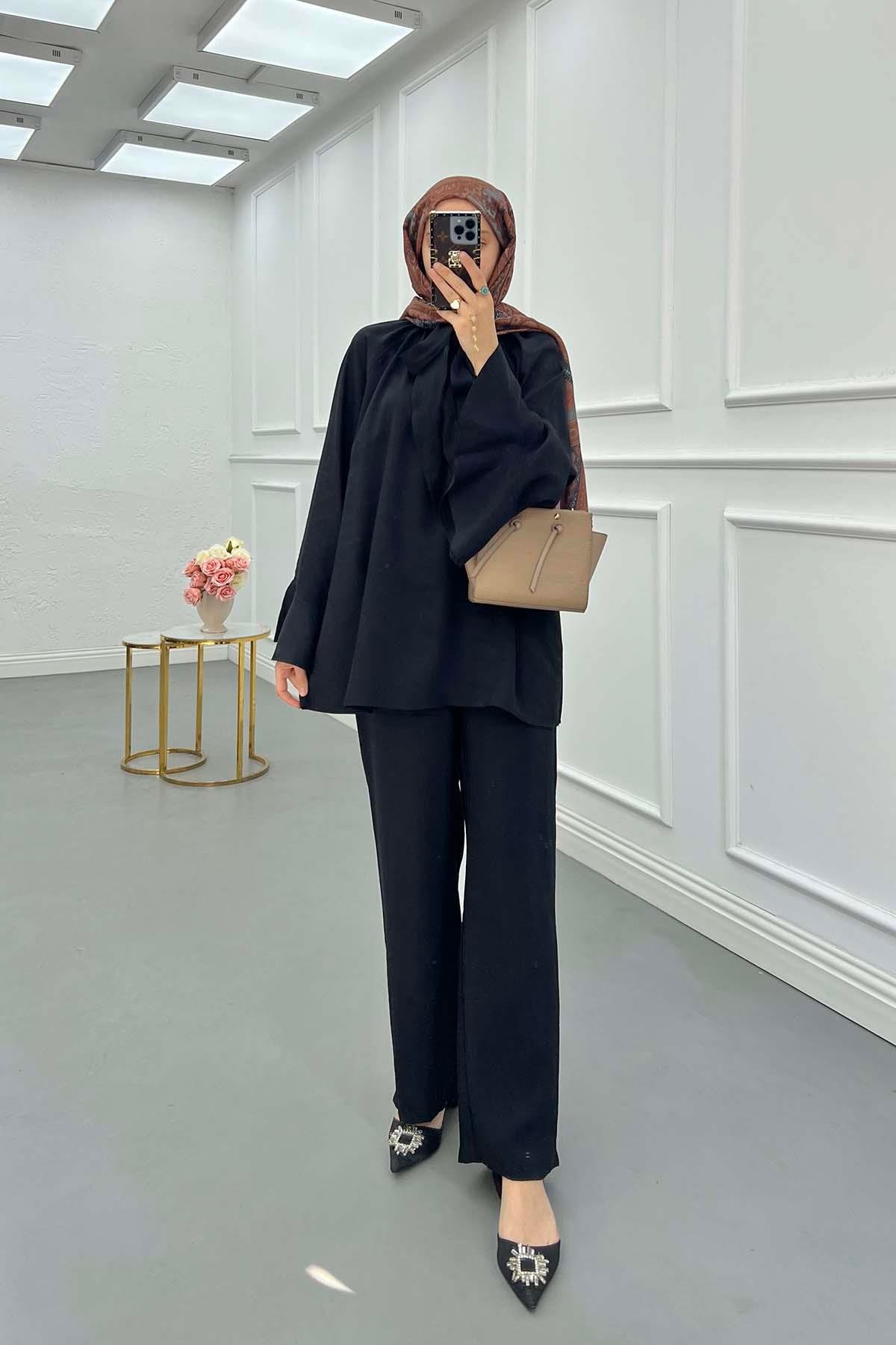 Sare Fashion Collar Detailed Two Piece Suit Black