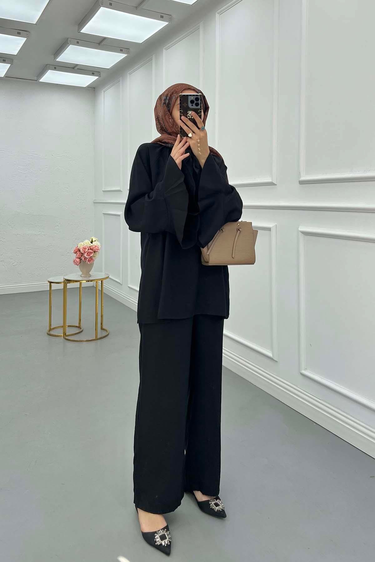 Sare Fashion Collar Detailed Two Piece Suit Black