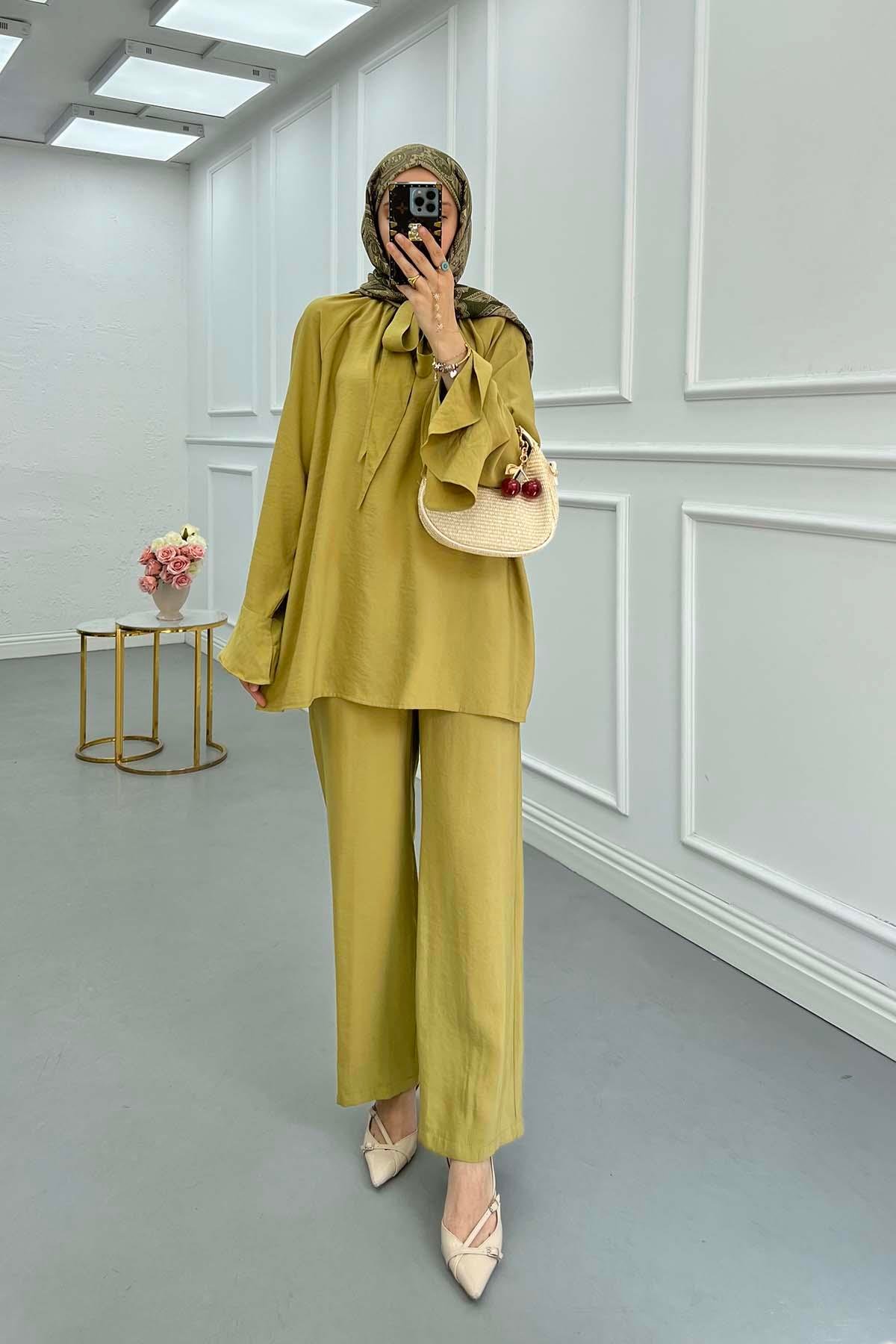 Sare Fashion Collar Detailed Two Piece Suit Oil Green
