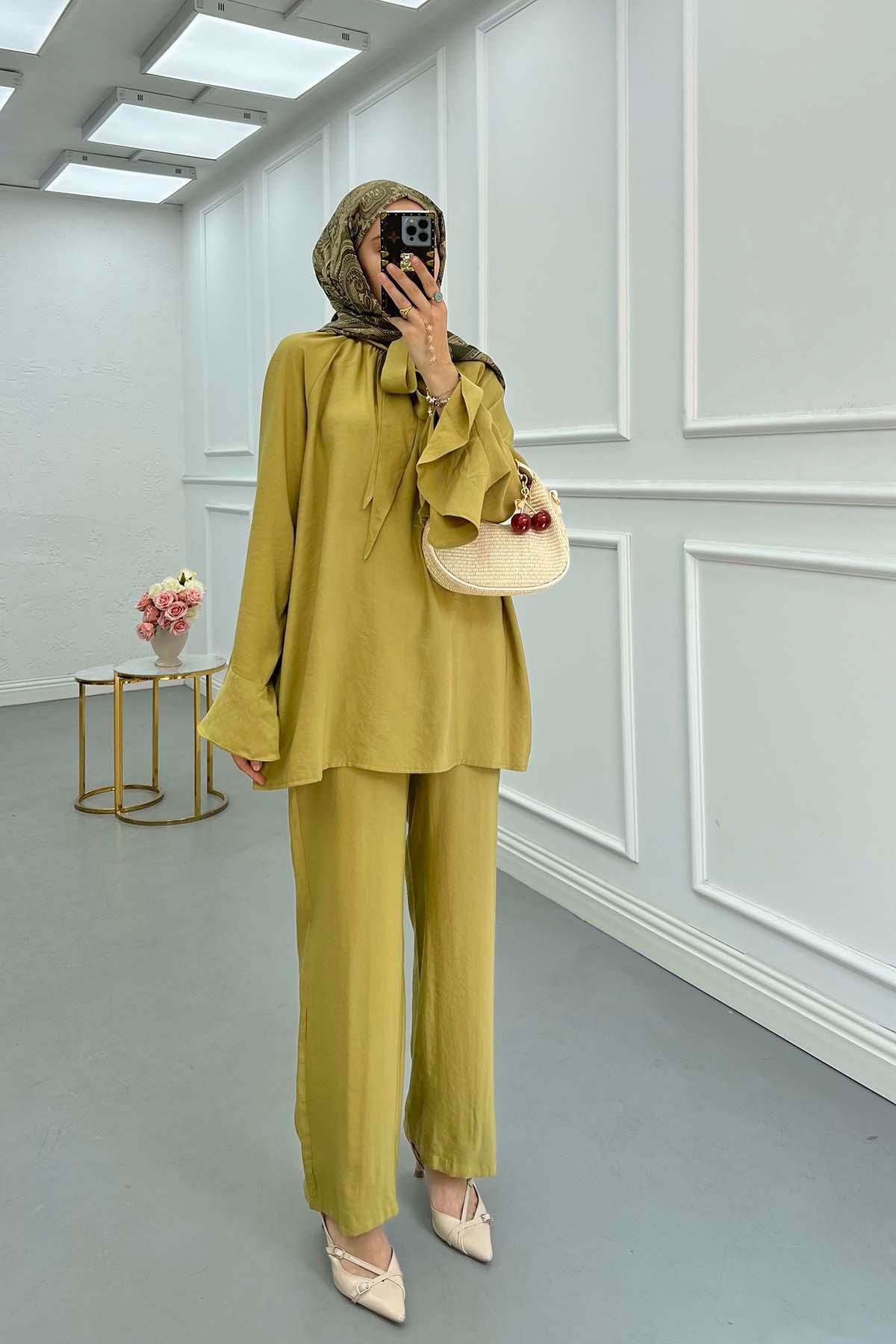 Sare Fashion Collar Detailed Two Piece Suit Oil Green