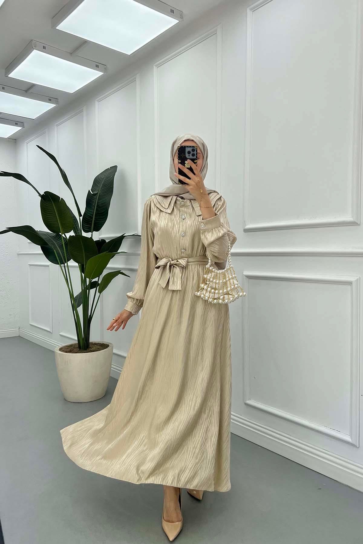 Sare Fashion Jacquard Dress with Collar Detail Beige