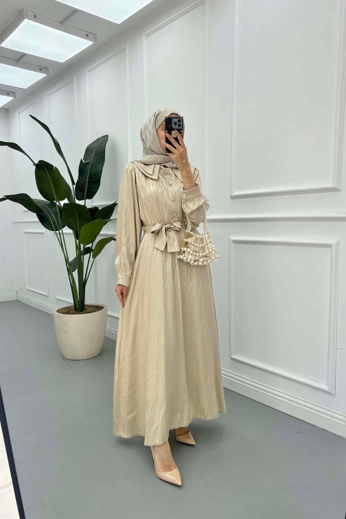Sare Fashion Jacquard Dress with Collar Detail Beige