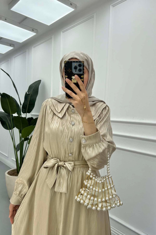 Sare Fashion Jacquard Dress with Collar Detail Beige