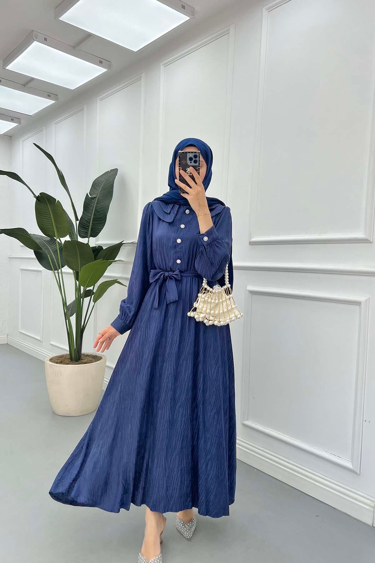 Sare Fashion Jacquard Dress with Collar Detail Navy Blue
