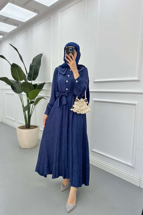 Sare Fashion Jacquard Dress with Collar Detail Navy Blue
