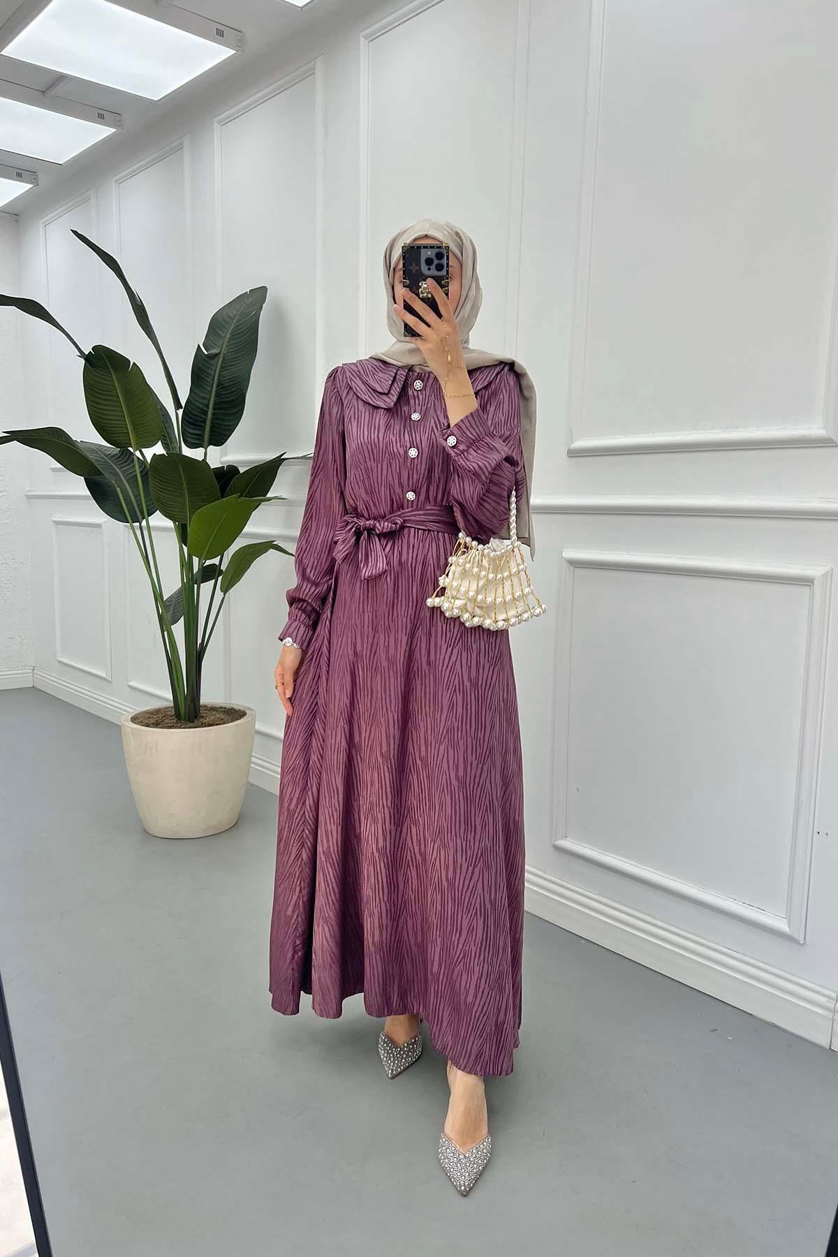 Sare Fashion Jacquard Dress with Collar Detail Purple