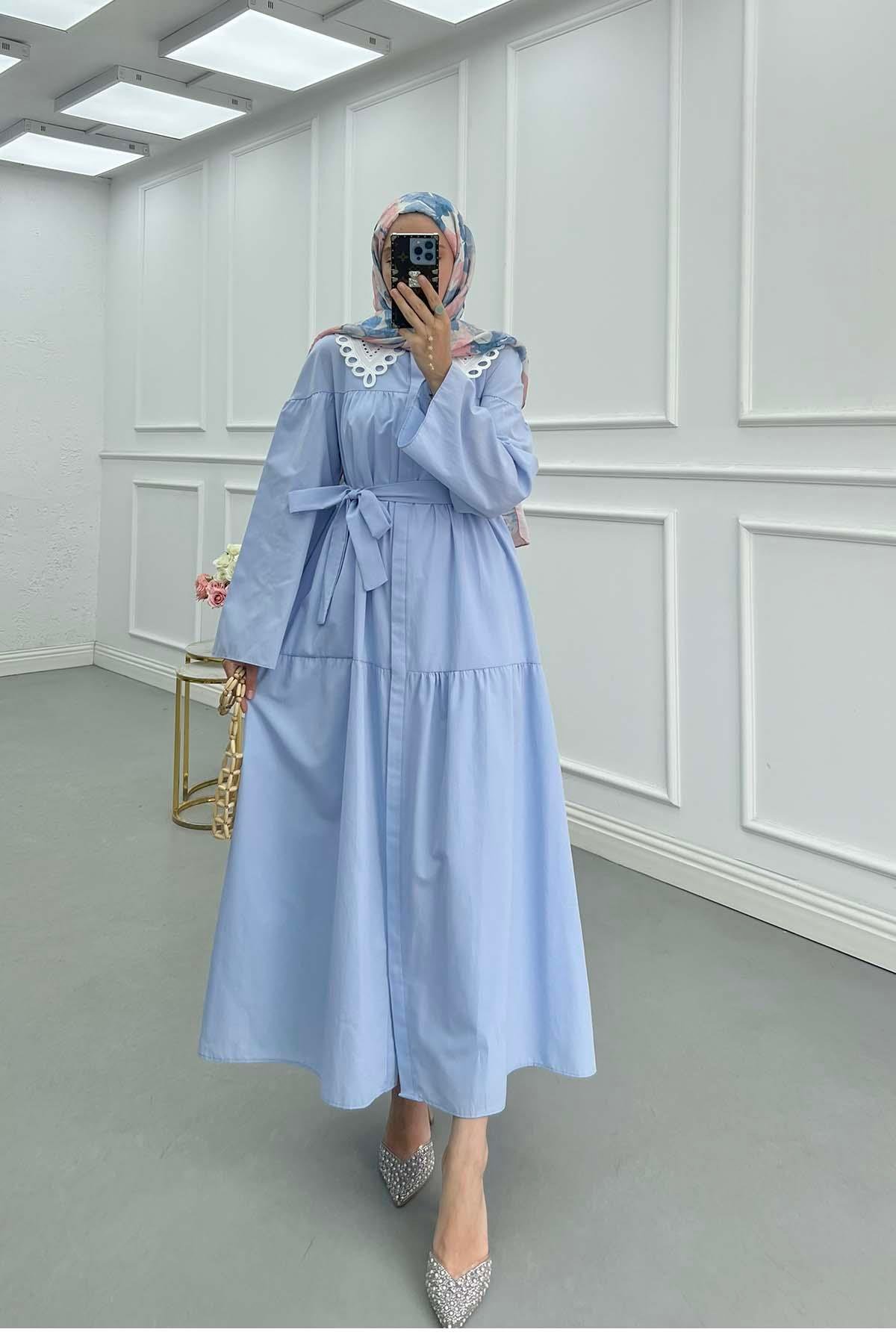 Sare Fashion Collar Detailed Belted Dress Baby Blue