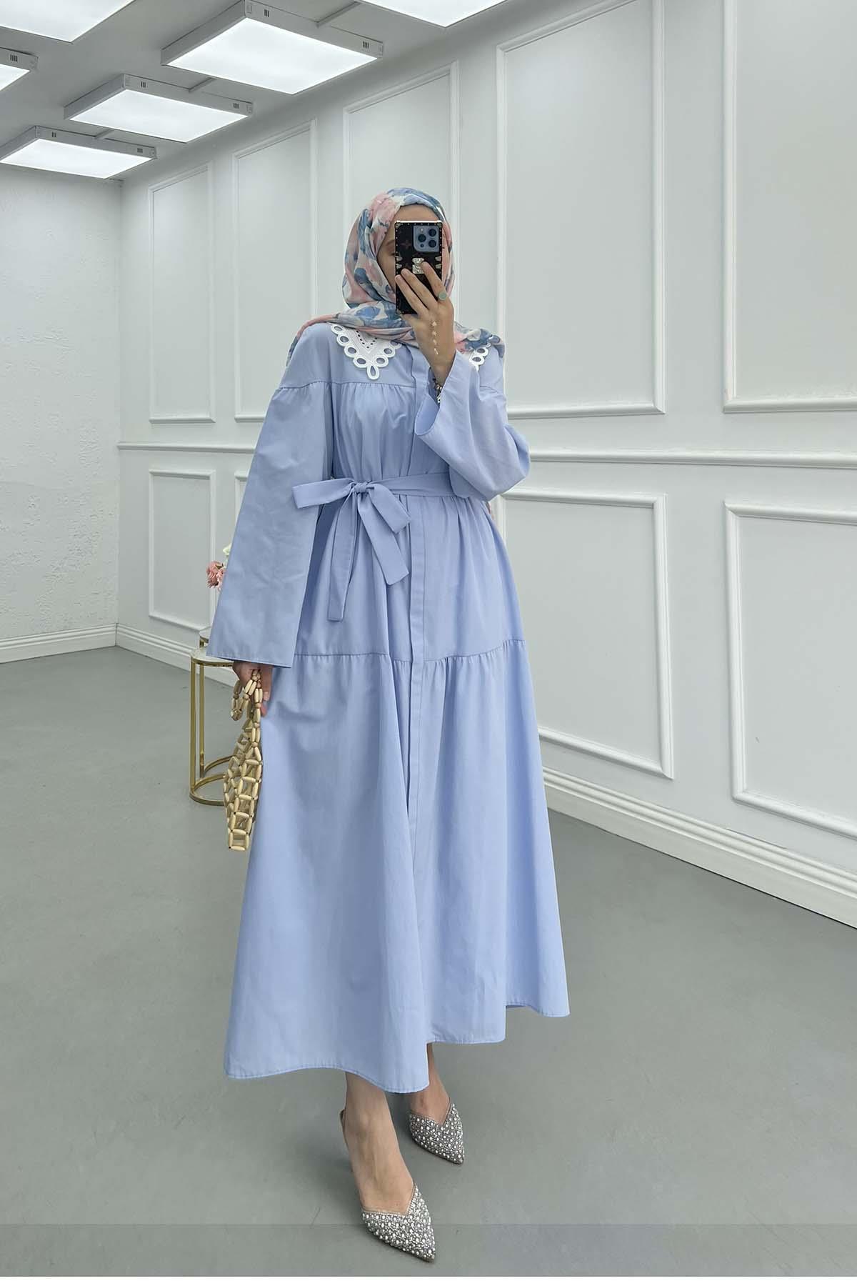 Sare Fashion Collar Detailed Belted Dress Baby Blue