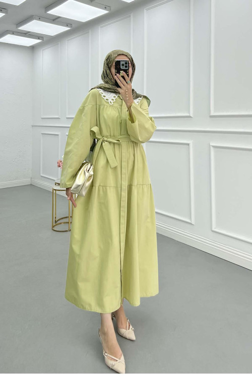 Sare Fashion Belted Dress with Collar Detail in Pistachio Green