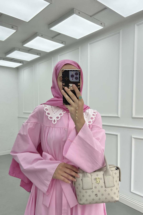 Sare Fashion Belted Dress with Collar Detail, Pink