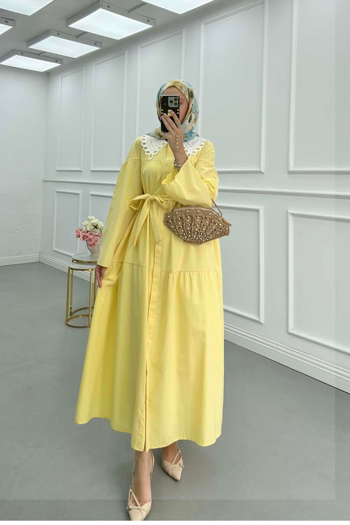 Sare Fashion Collar Detailed Belted Dress Yellow