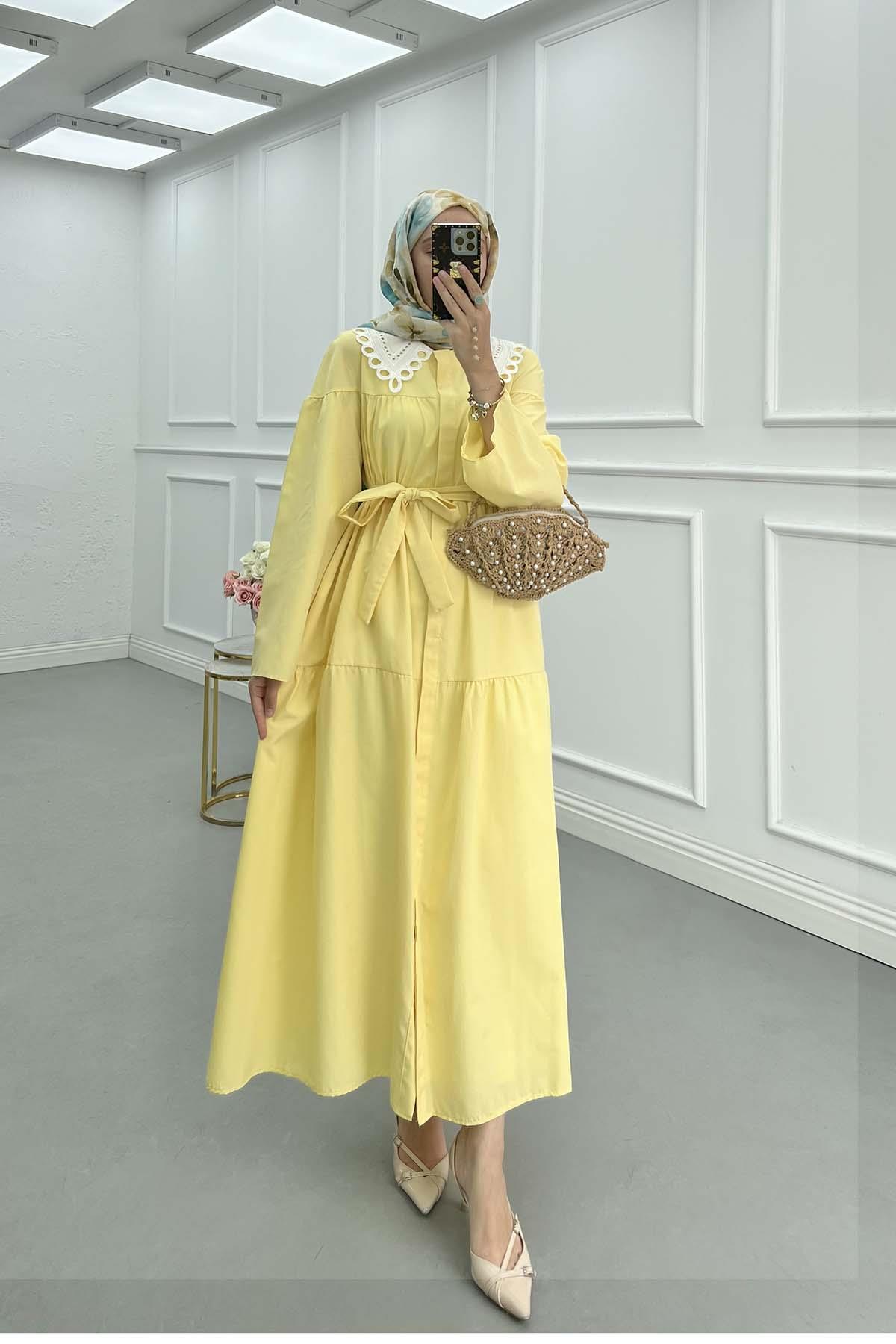 Sare Fashion Collar Detailed Belted Dress Yellow