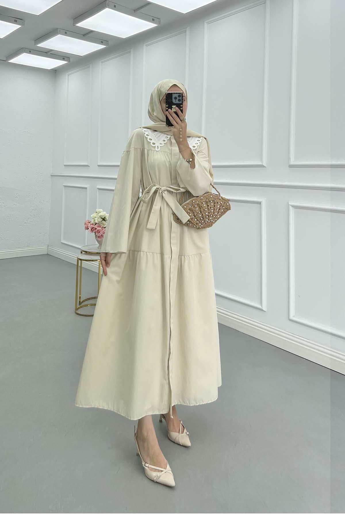 Sare Fashion Belted Dress with Collar Detail and Stone