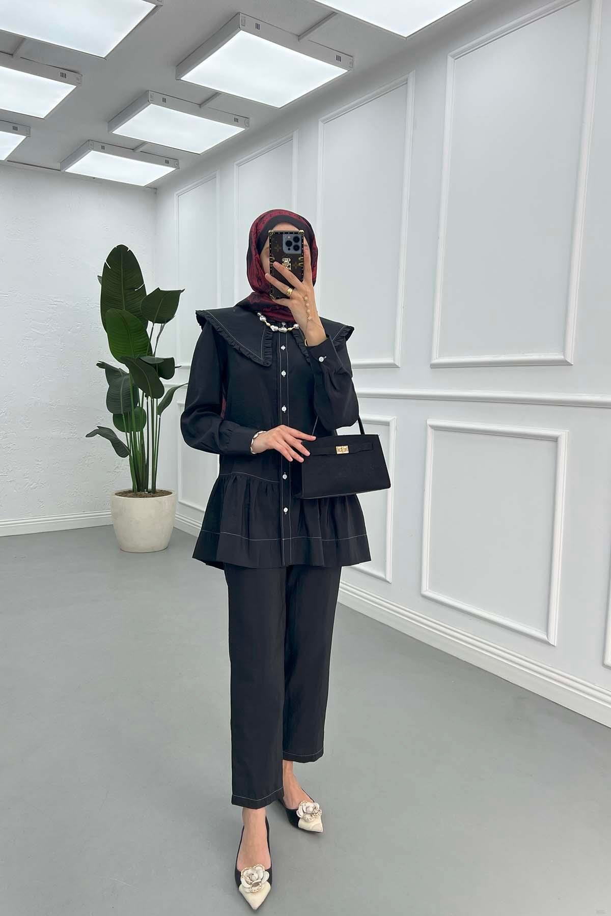 Sare Fashion Collar Detailed Pearl Suit Black