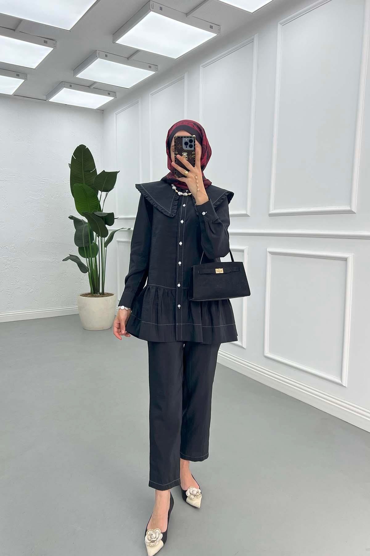 Sare Fashion Collar Detailed Pearl Suit Black