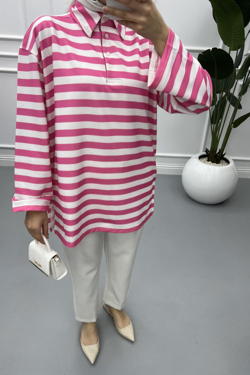 Button-down Striped Sweat Fuchsia