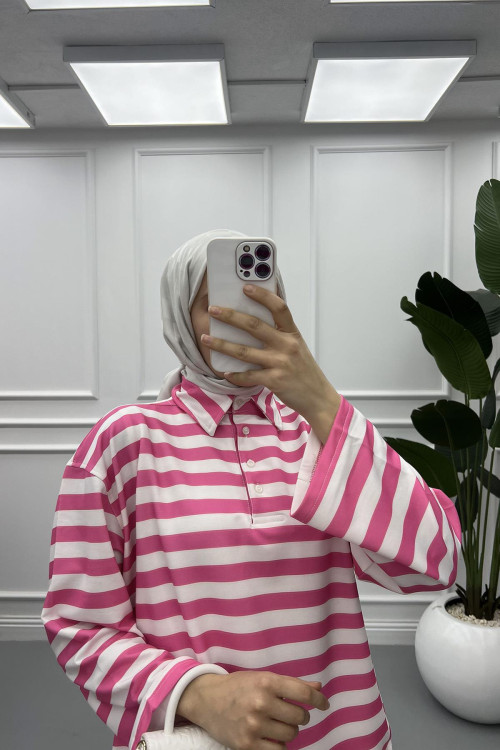 Button-down Striped Sweat Fuchsia