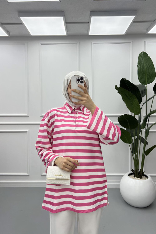 Button-down Striped Sweat Fuchsia