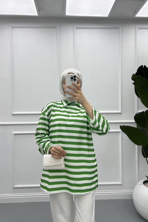 Button-down Striped Sweat Green