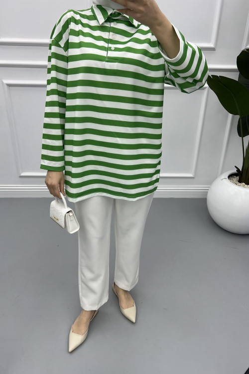 Button-down Striped Sweat Green