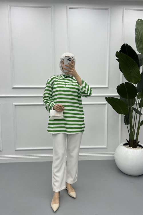 Button-down Striped Sweat Green
