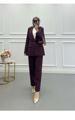 Sare Fashion Lined Suit with Collar and Button Detail, Burgundy