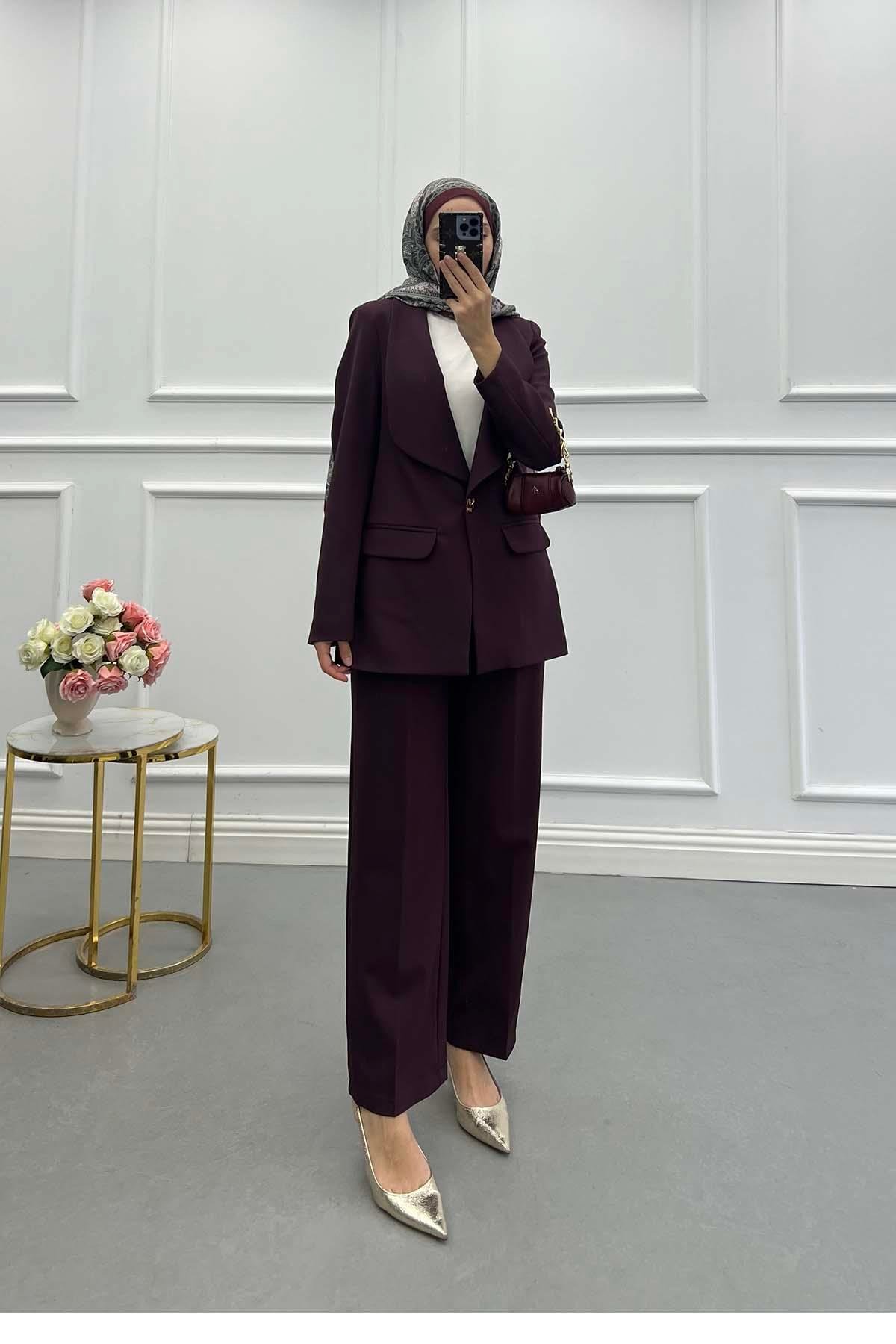 Sare Fashion Lined Suit with Collar and Button Detail, Burgundy