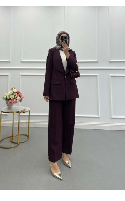 Sare Fashion Lined Suit with Collar and Button Detail, Burgundy