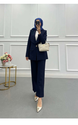 Sare Fashion Navy Blue Lined Suit with Collar and Button Detail