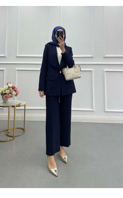 Sare Fashion Navy Blue Lined Suit with Collar and Button Detail