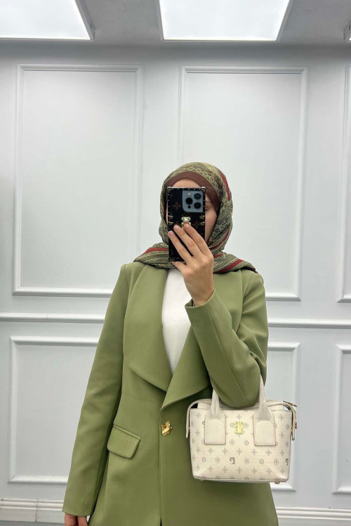Sare Fashion Lined Suit with Collar and Button Detail Oil Green