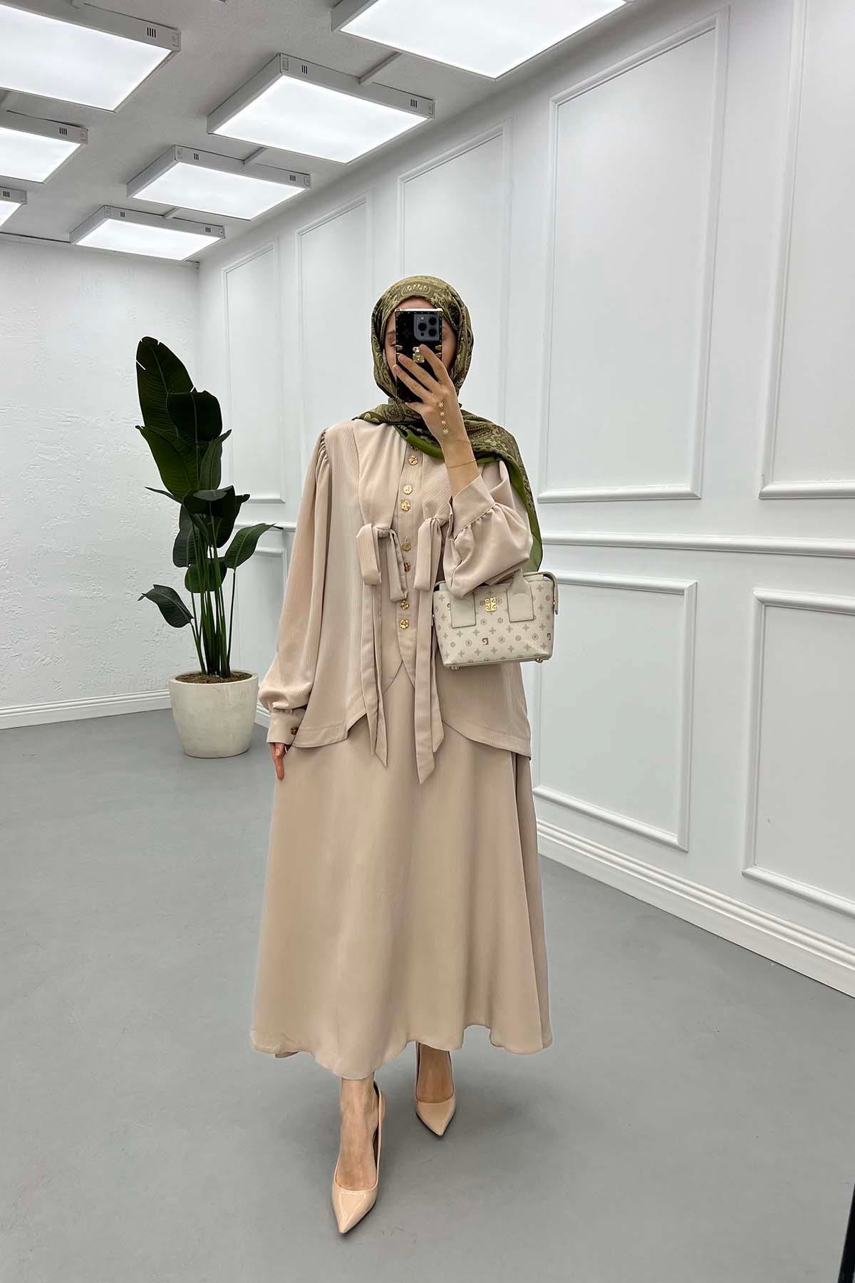 Sare Fashion Beige Collar and Button Detailed Burgundy Suit